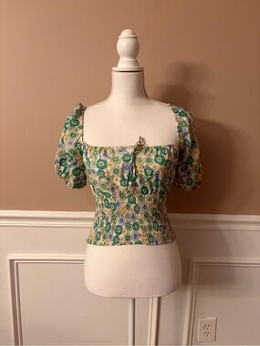 ENVII Smocked Floral Square-Neck Crop Top in Green